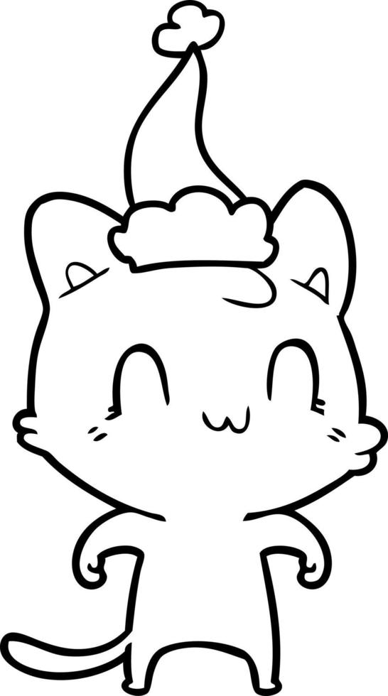 line drawing of a happy cat wearing santa hat vector