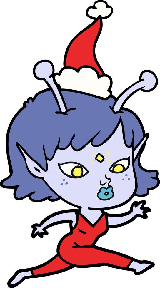 pretty line drawing of a alien girl running wearing santa hat vector