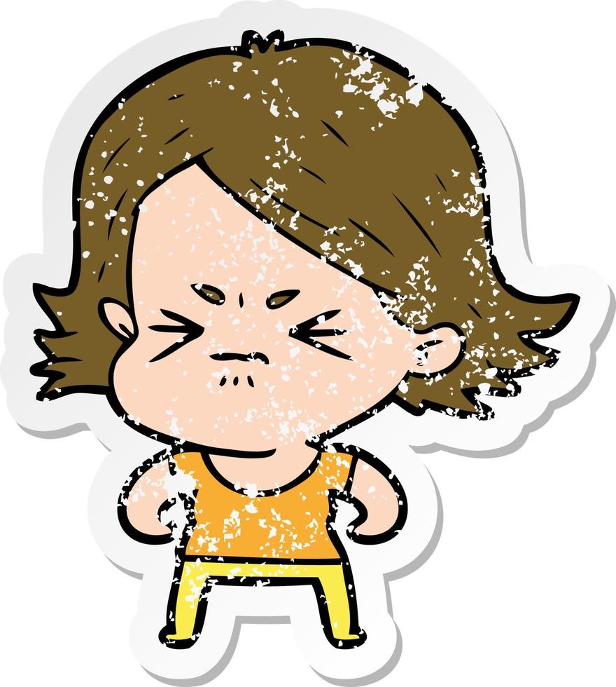 distressed sticker of a cartoon angry girl vector