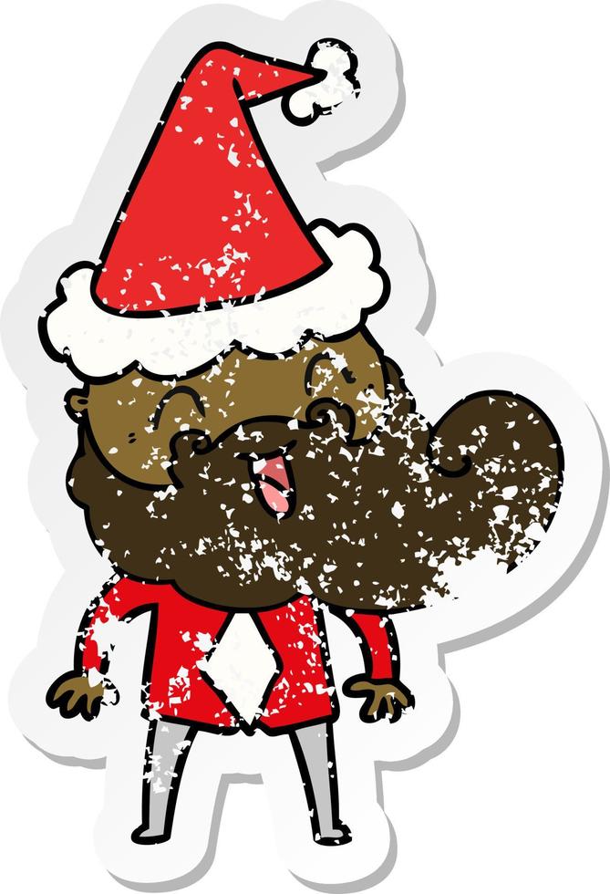 hand drawn distressed sticker cartoon of a happy bearded man wearing santa hat vector