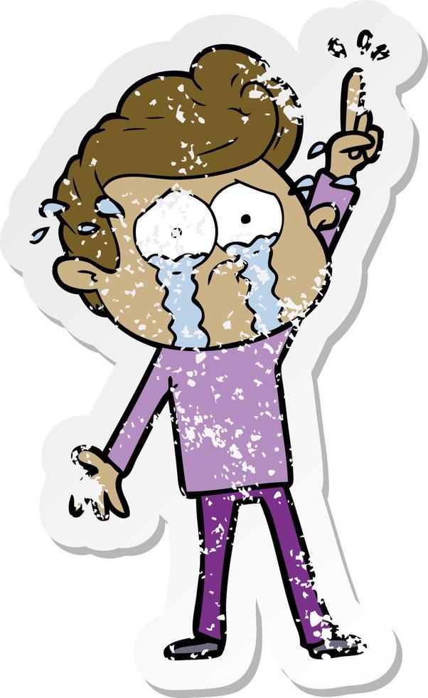 distressed sticker of a cartoon crying man trying to ask a question vector