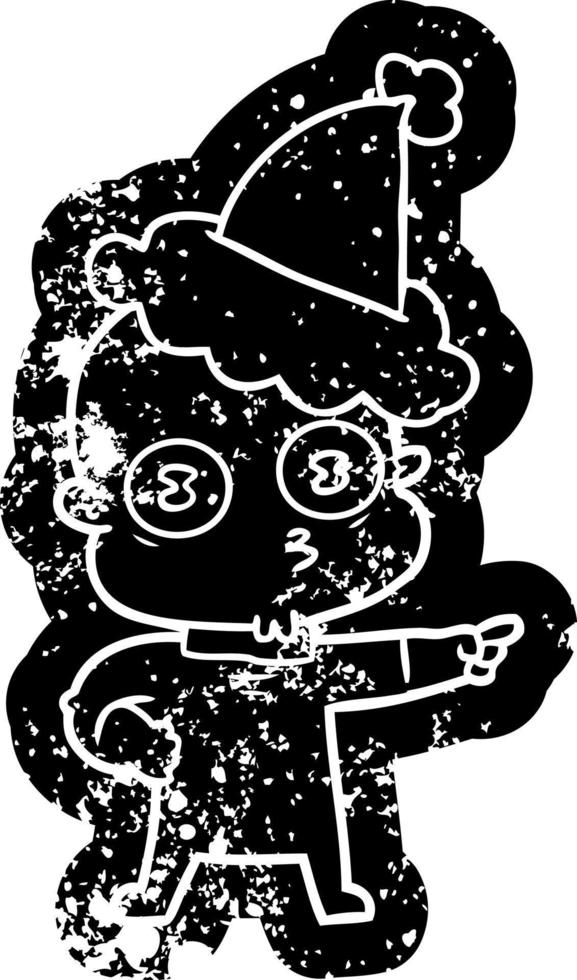 cartoon distressed icon of a weird bald spaceman wearing santa hat vector