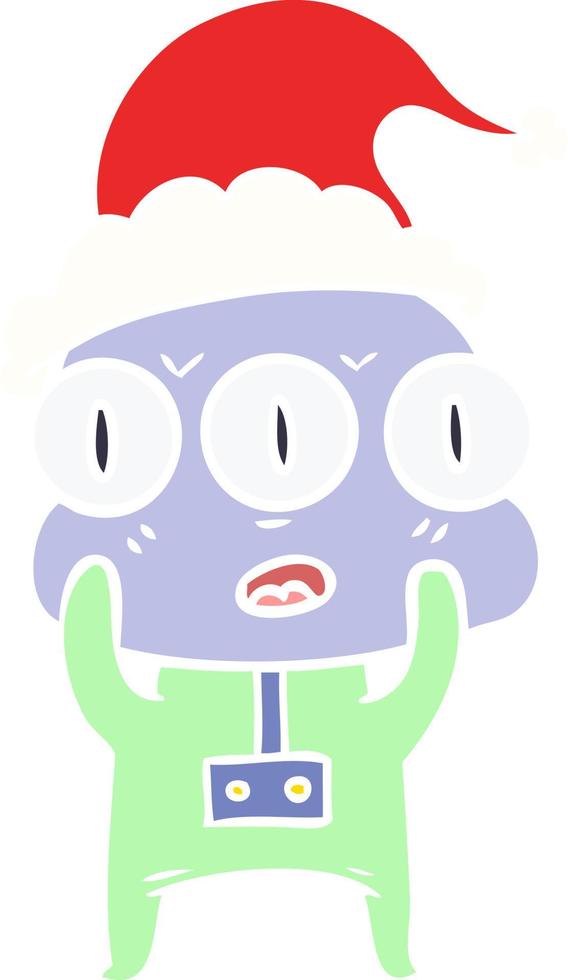 flat color illustration of a three eyed alien wearing santa hat vector