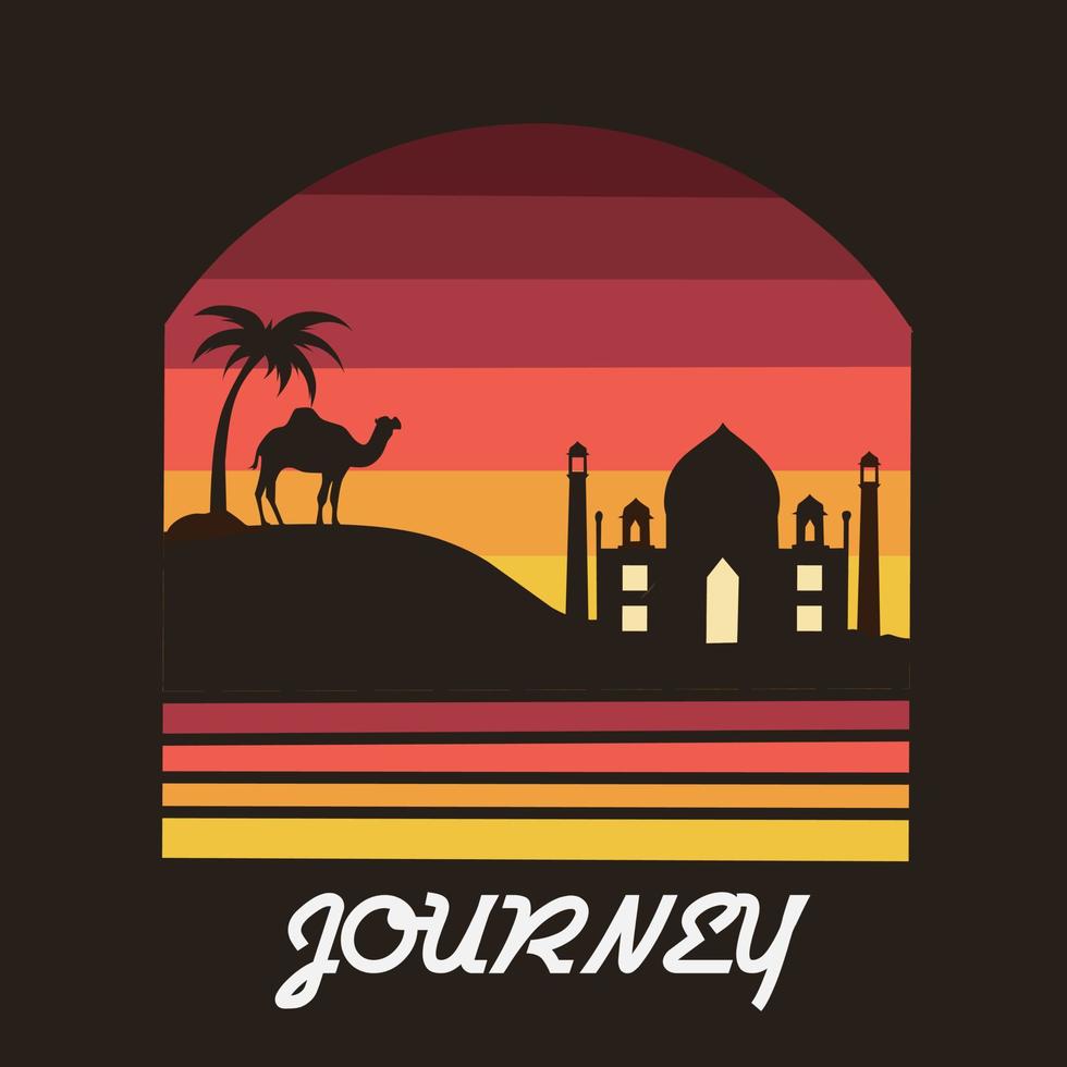 ilustración vectorial de mezquita y camello en el desierto, paisaje de puesta de sol, perfecto para imprimir, etc. vector