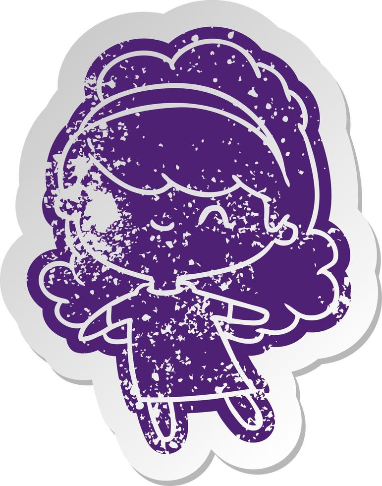 distressed old sticker kawaii girl with head band vector