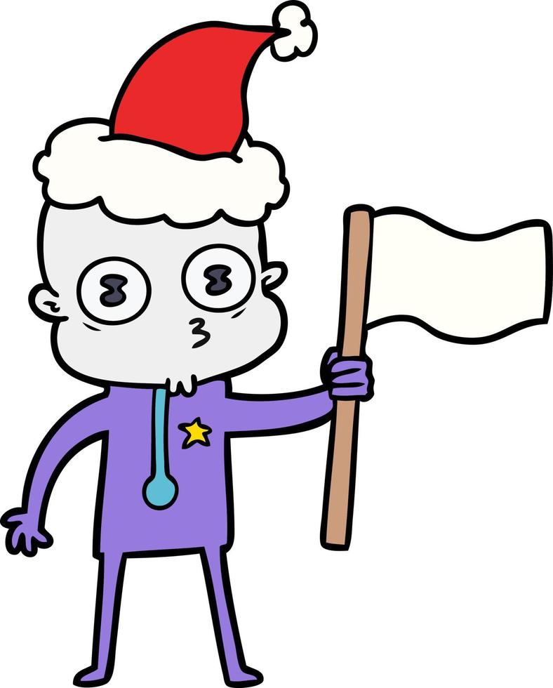 line drawing of a weird bald spaceman with flag wearing santa hat vector