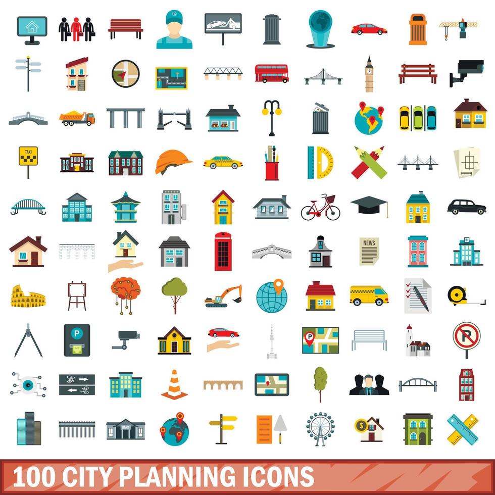 100 city planning icons set, flat style vector