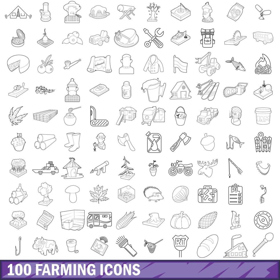 100 farming icons set, outline style vector