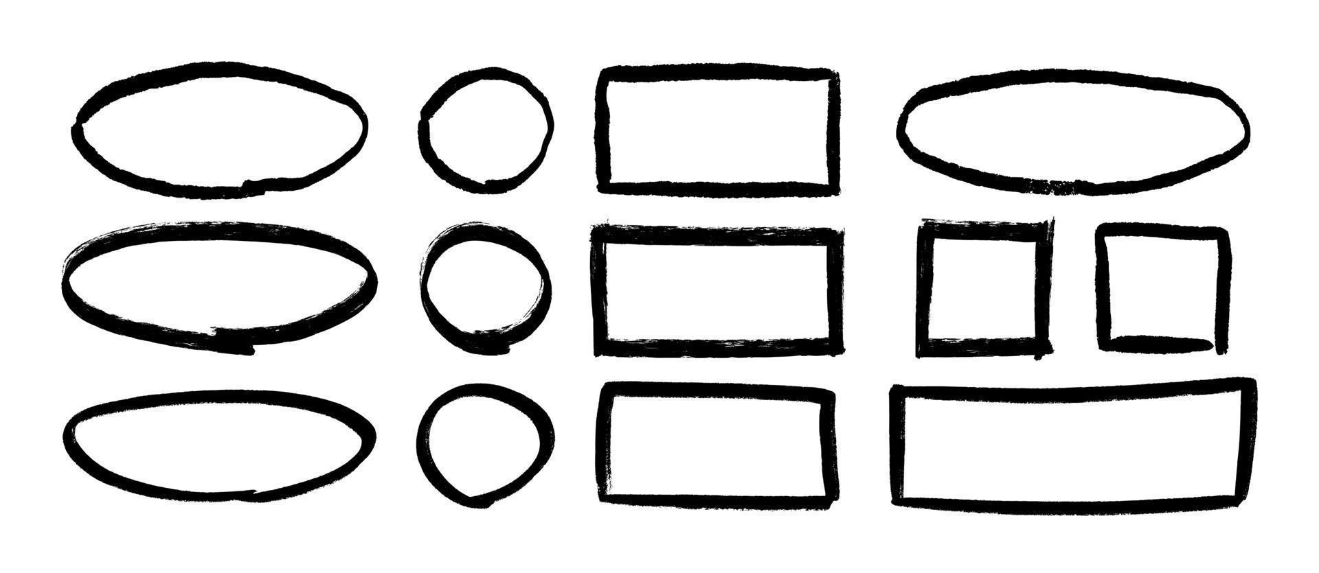 círculos, rectángulos y óvalos dibujados a mano grunge. colección de marcos cuadrados y circulares resaltados con textura. garabatear bordes circulares para el diseño de diarios de viñetas. ilustraciones vectoriales sobre fondo blanco vector