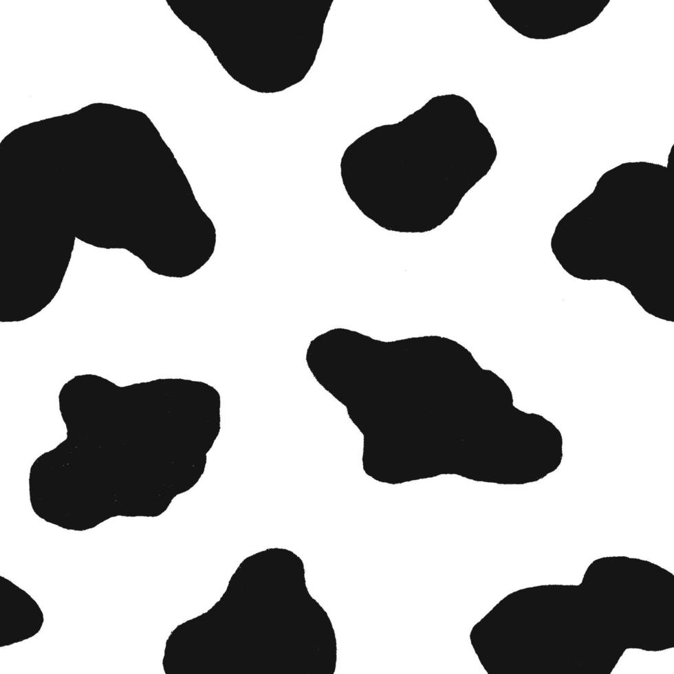 Cow hide seamless pattern. Holstein cattle texture. Cow skin pattern with smooth black and white texture. Dalmatian dog stains print. Black spots background. Animal skin template. Vector illustration