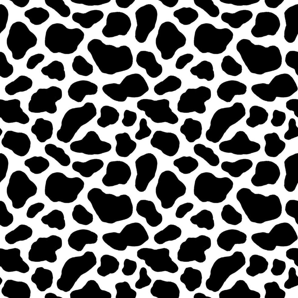 Cow hide seamless pattern. Holstein cattle texture. Cow skin pattern with smooth black and white texture. Dalmatian dog stains print. Black spots background. Animal skin template. Vector illustration