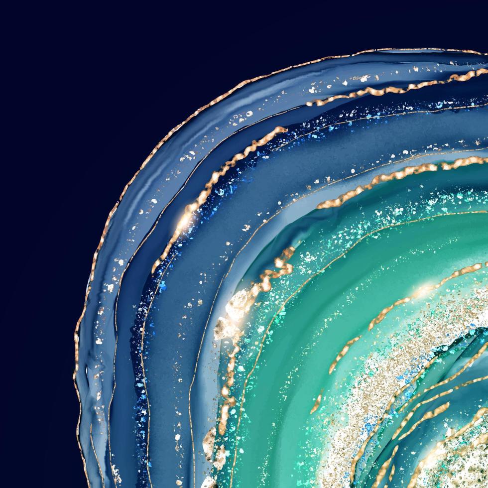 fondo de acuarela líquido turquesa oscuro abstracto con galletas doradas. geoda azul y negra con brillo kintsugi y efecto de tinta de alcohol. plantilla de diseño de ilustración vectorial para boda vector