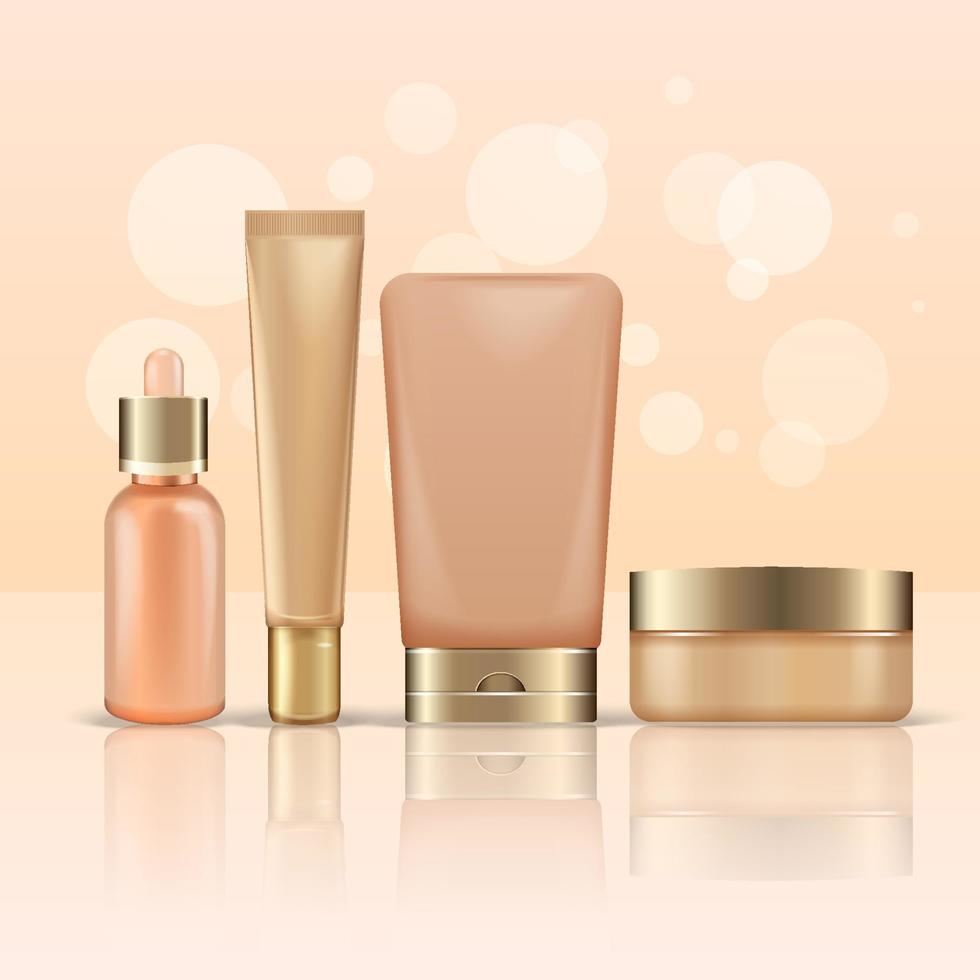 Realistic vector set of volumetric mockups of cosmetic tubes and vials.