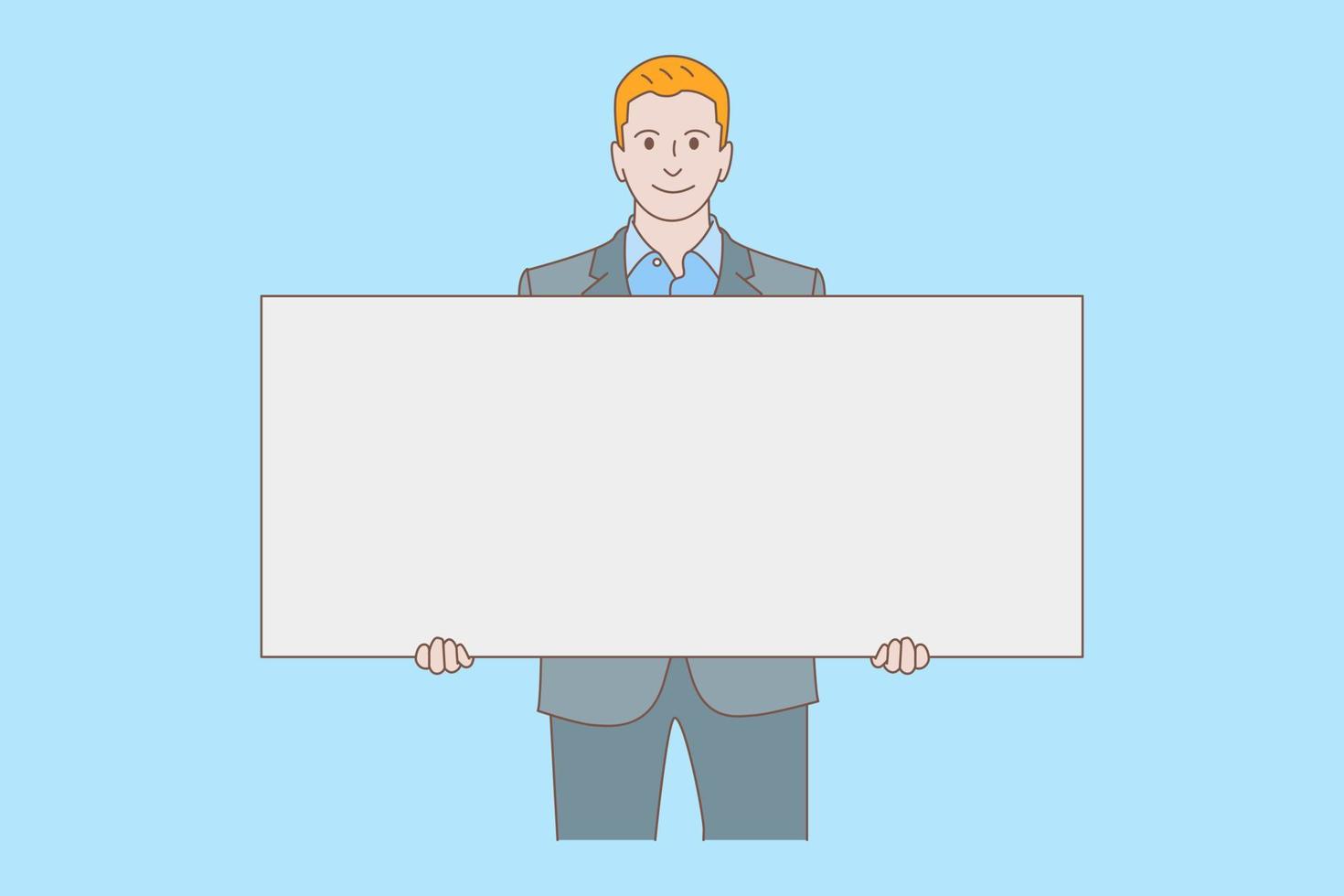 Smiling young businessman holding a blank copy space board vector