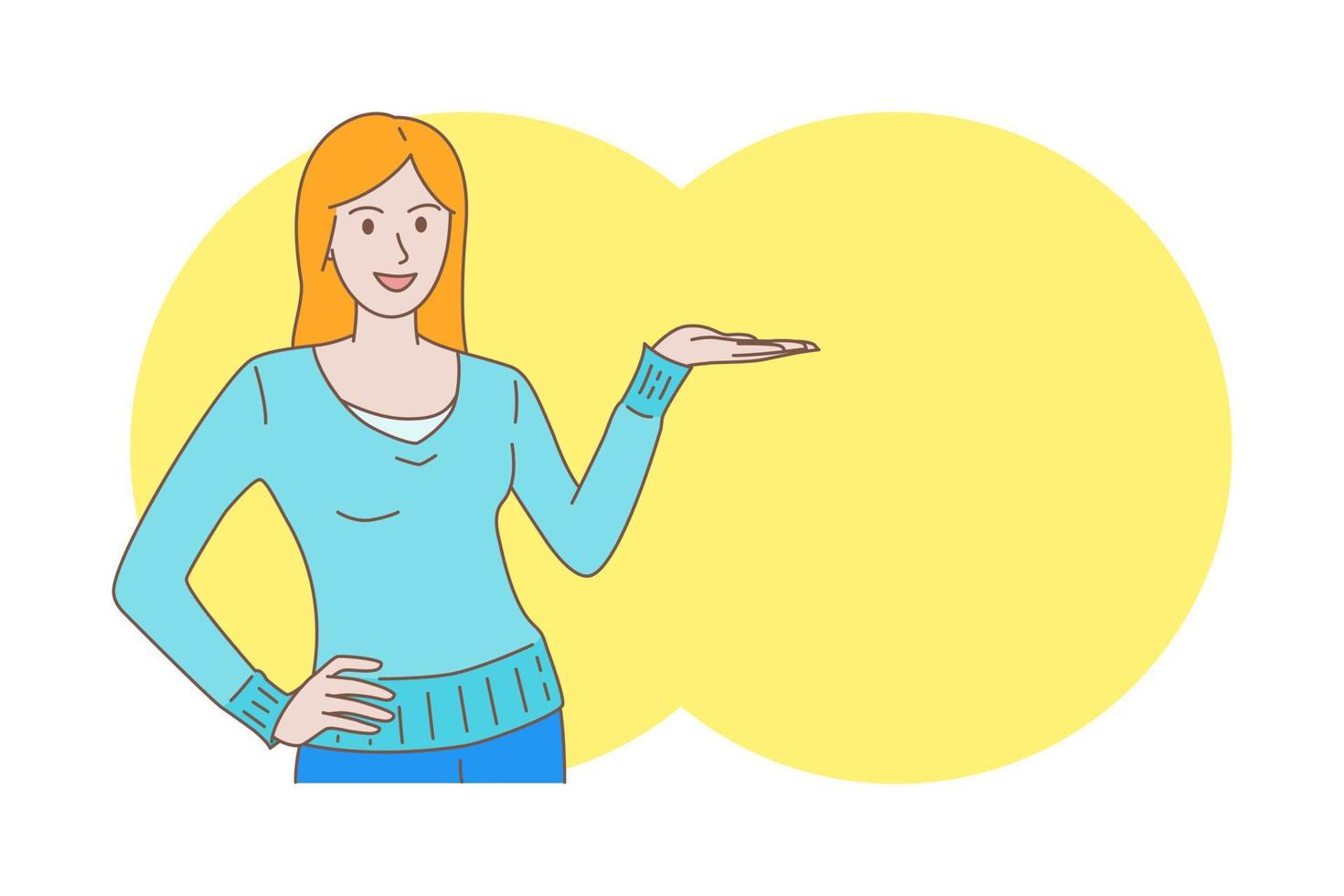 young woman showing something at blank copy space vector