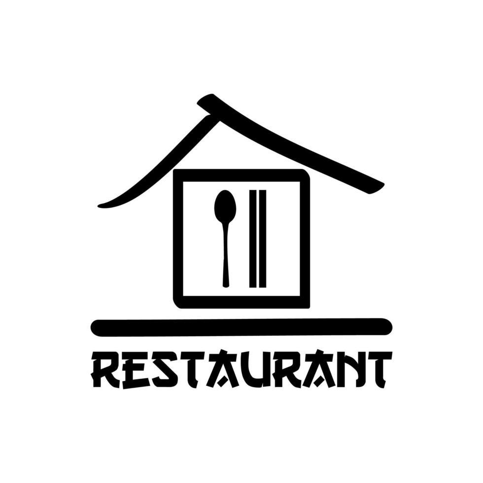 black and white simple restaurant logo and symbol with a Japanese or Chinese house with a spoon and chopsticks logo in the box vector