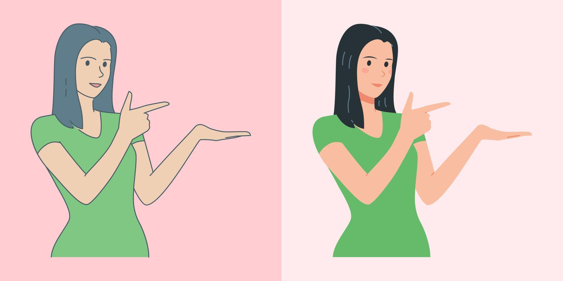 Young woman pointing finger and showing something at blank copy space, with outline style and flat style vector