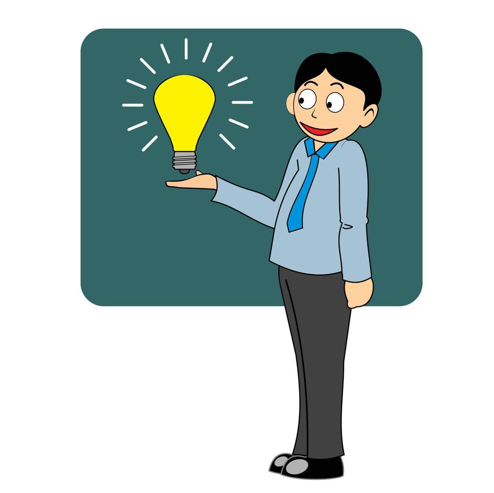 Businessman with an idea concept. Man standing showing light bulb on hand as symbol of great business idea vector