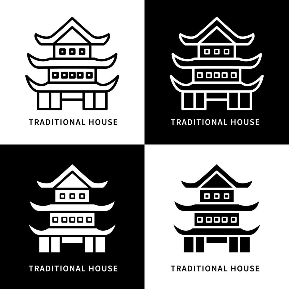 Chinese Traditional House Icon Set Illustration. Temple Building Logo Vector
