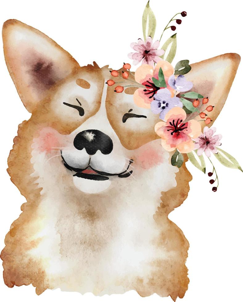 cachorro corgi alegre con un ramo de flores, ilustración acuarela. vector