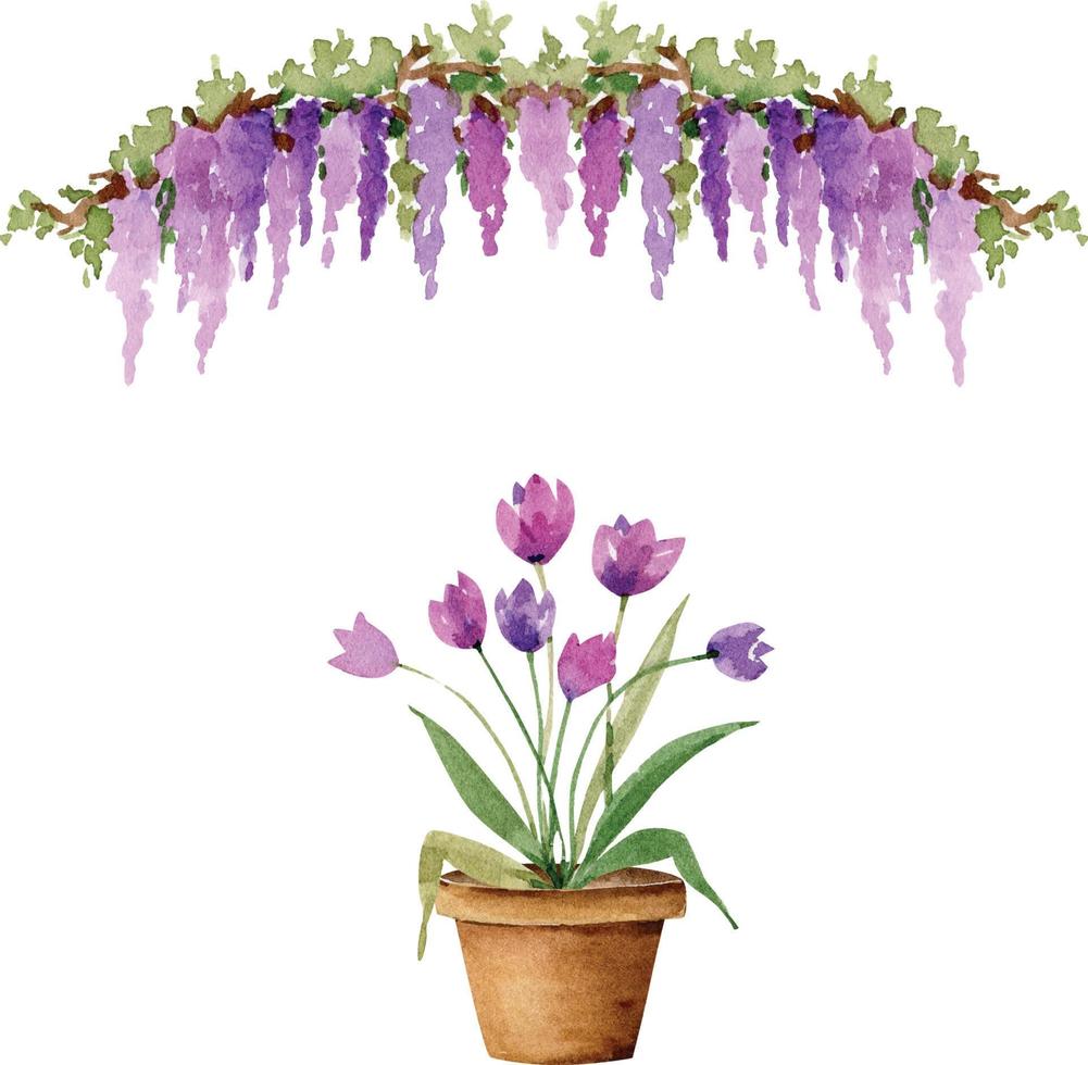 set of garden flowers in pots and plants, watercolor  . vector