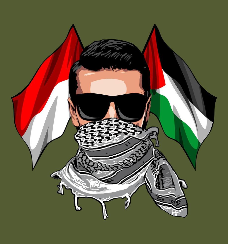 luchador palestino en el fondo de la bandera vector