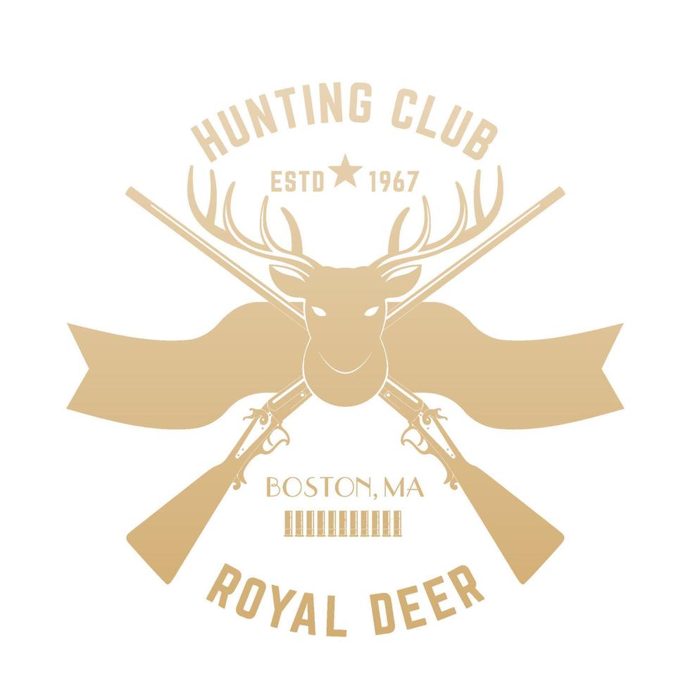 Hunting logo, vintage emblem with deer head and hunting rifles, gold on white vector