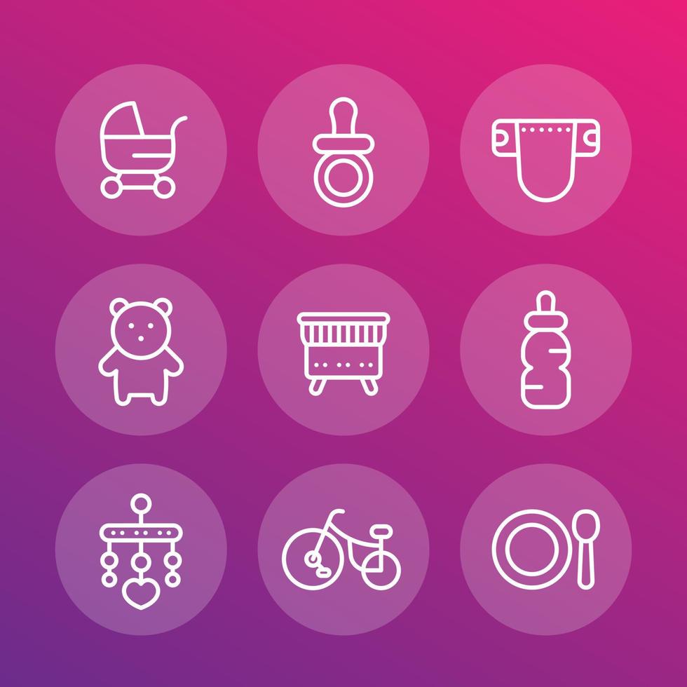 baby icons set, pram, pacifier, toys, crib, diaper, teddy-bear in linear style vector