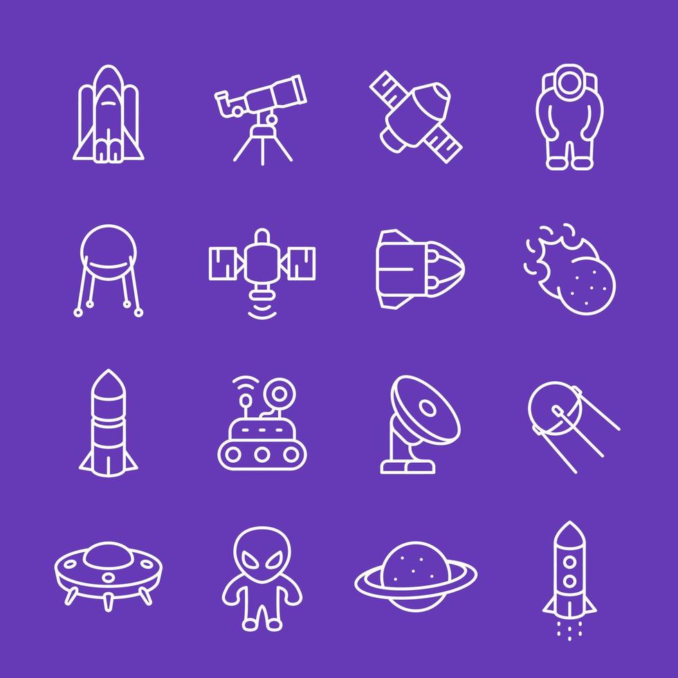 Space and astronomy icons, planet with asteroid belt, comet, satellite, shuttle, rocket, radio telescope, astronaut, thin linear style vector
