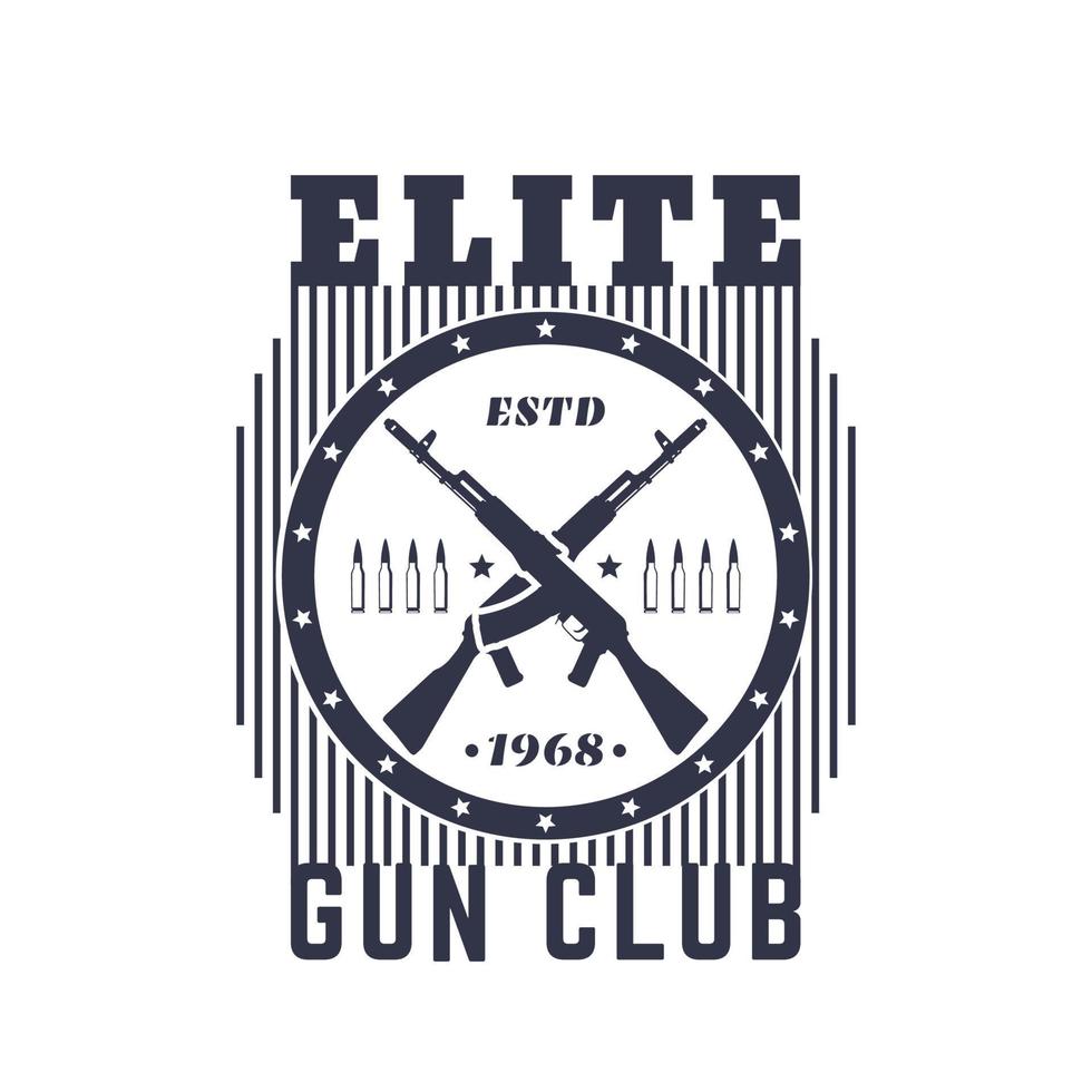 emblema vintage del club de armas con rifles automáticos, camiseta impresa en blanco vector