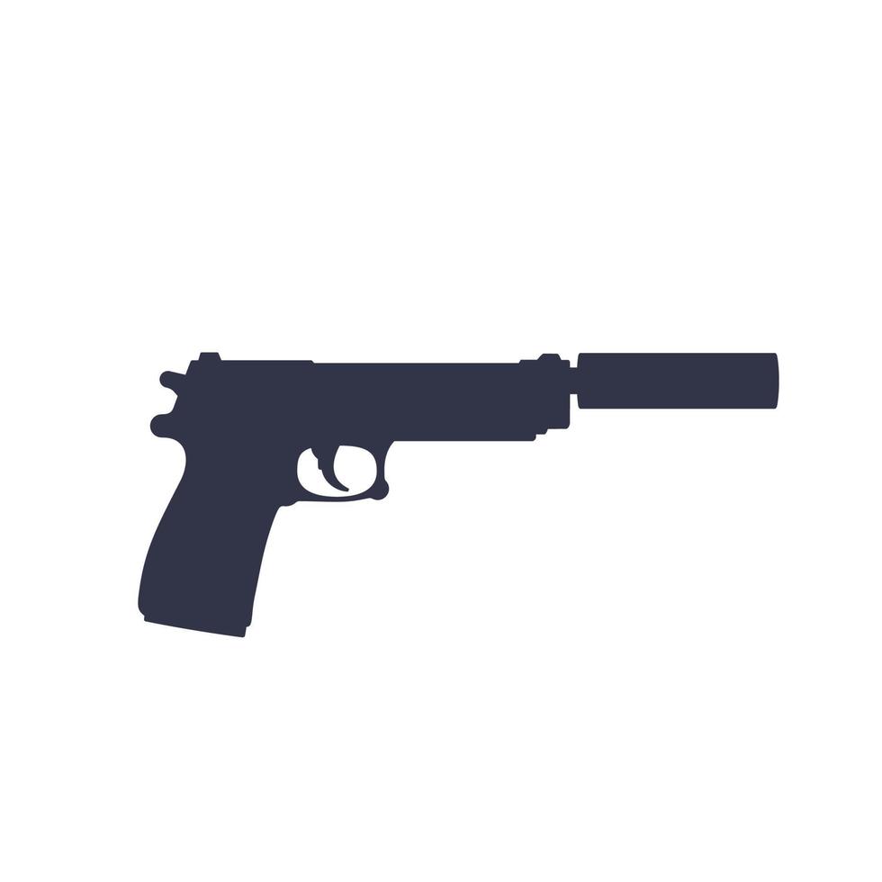 pistol with silencer, vector silhouette isolated on white