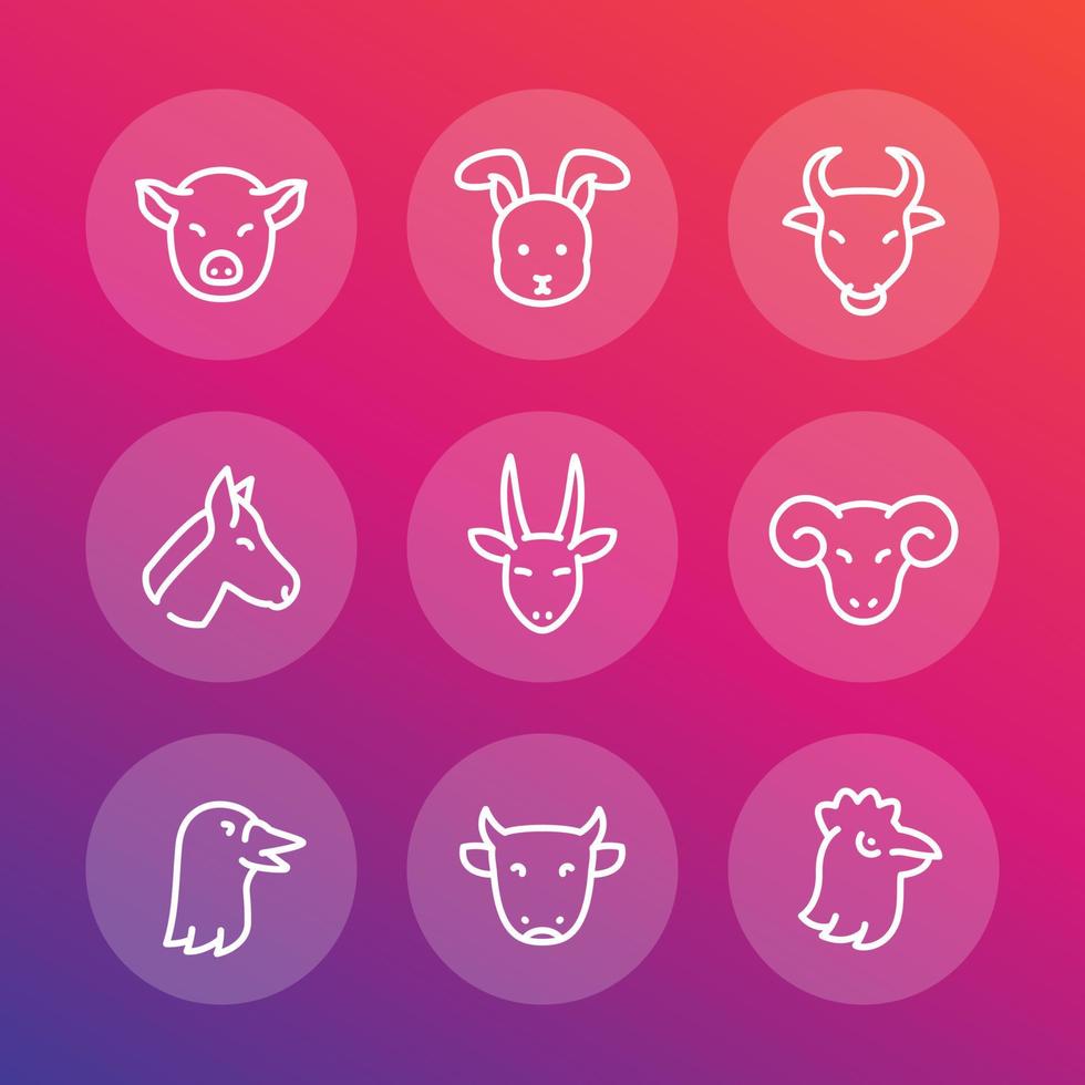 Farm animals icons, linear style vector