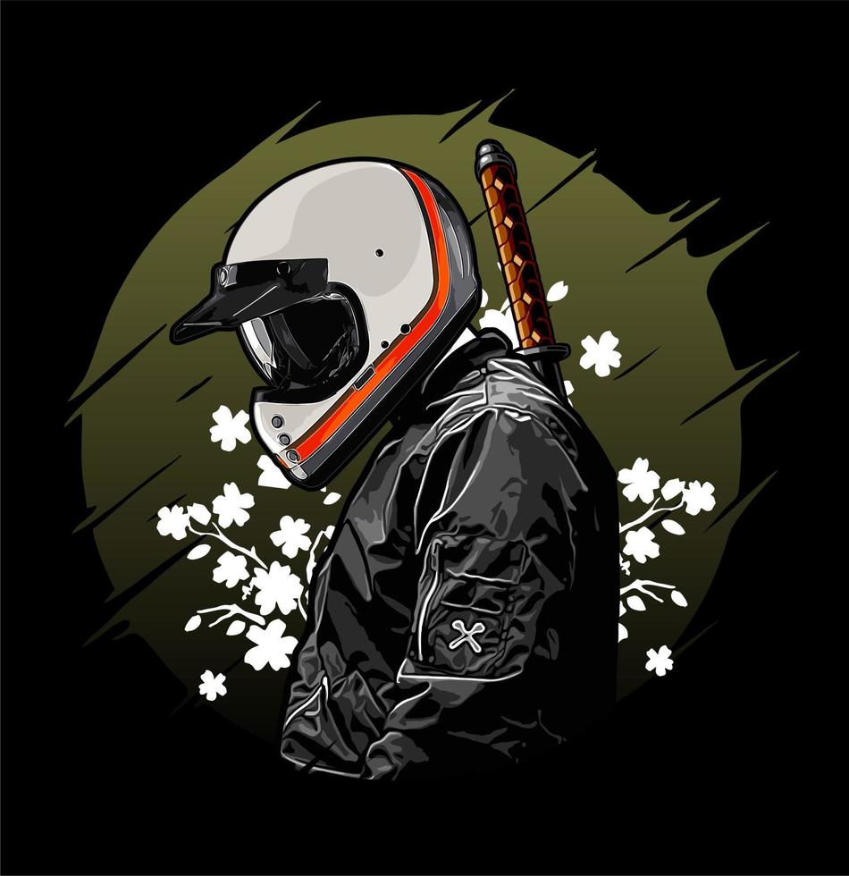 biker and katana cherry blossom vector