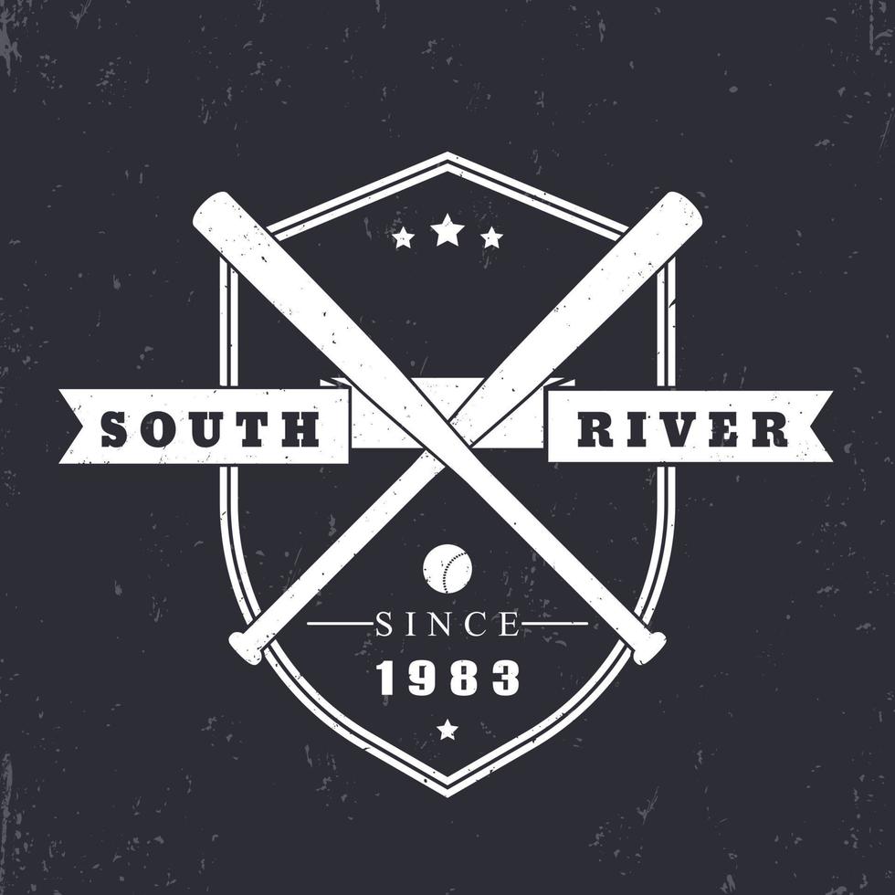 emblema vintage de béisbol, placa, estampado de camisetas con bates de béisbol cruzados en el escudo, ilustración vectorial vector
