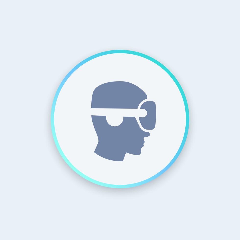 VR helmet icon, man in profile in virtual reality glasses, vr pictogram, virtual reality headset round icon, vector illustration