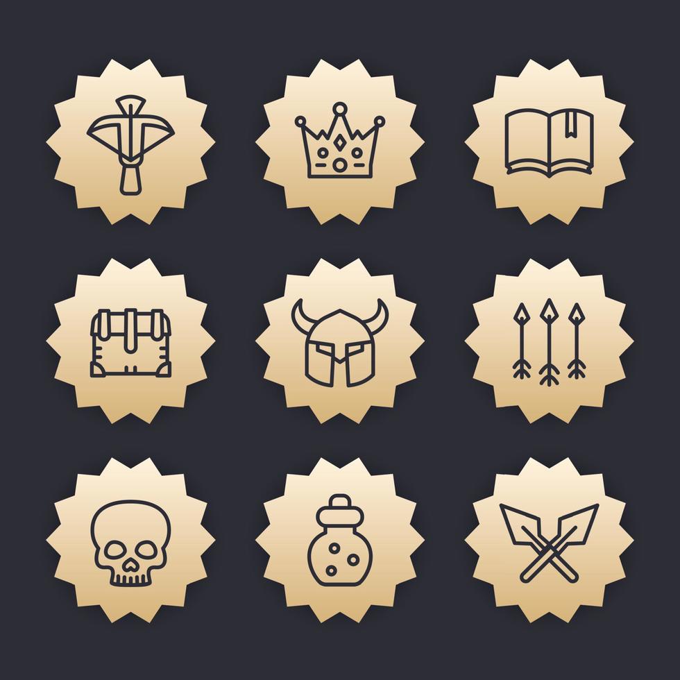 Game line icons set 2, crossbow, chest, arrows, potion, medieval, fantasy items vector