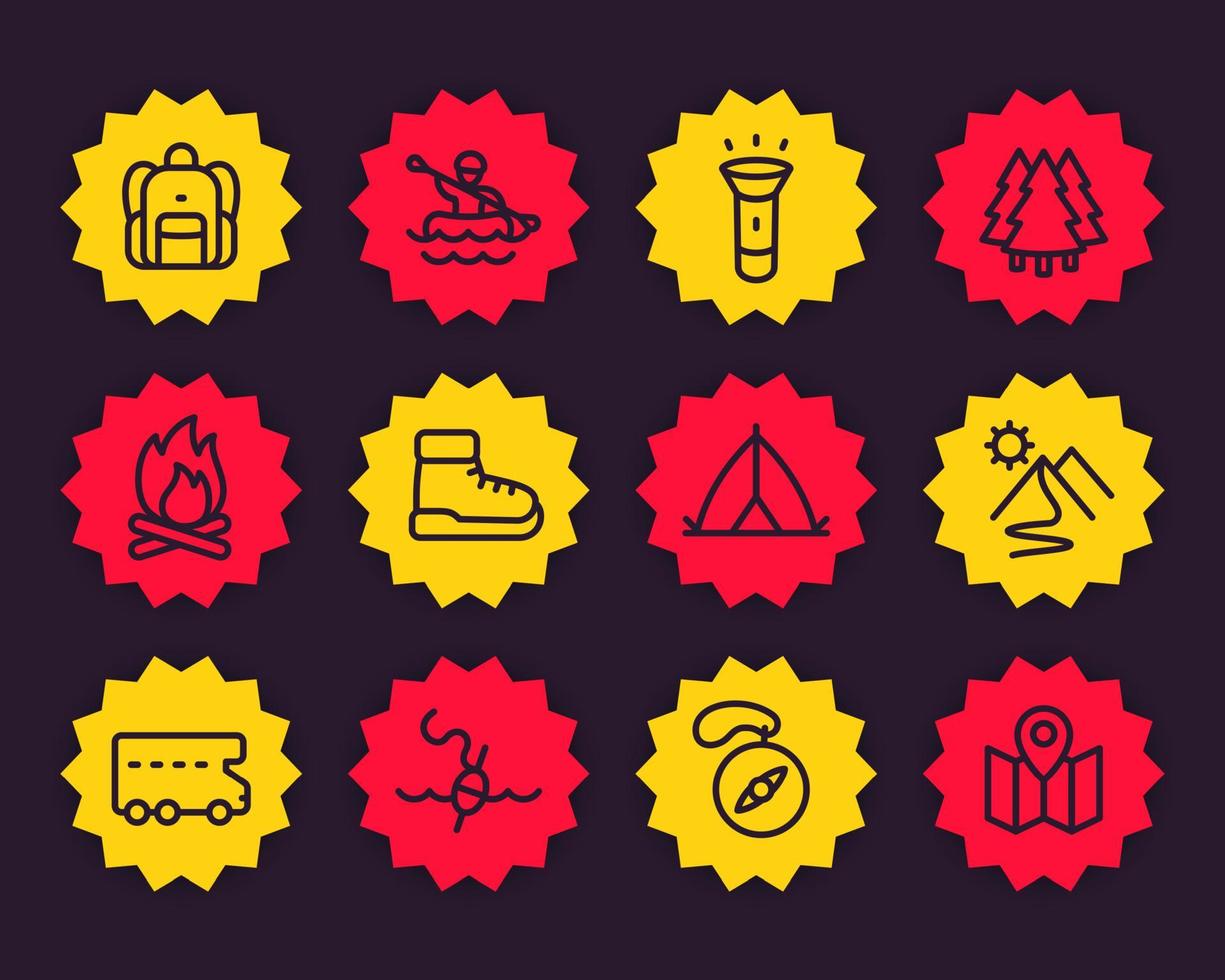 Camping, hiking and outdoor adventure icons, linear vector