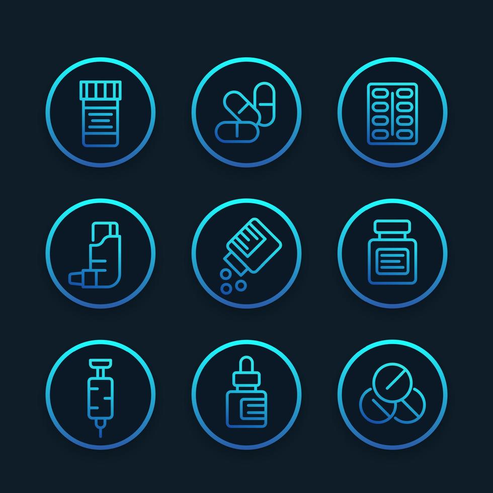 medicaments, pharmaceutics, drugs line icons vector