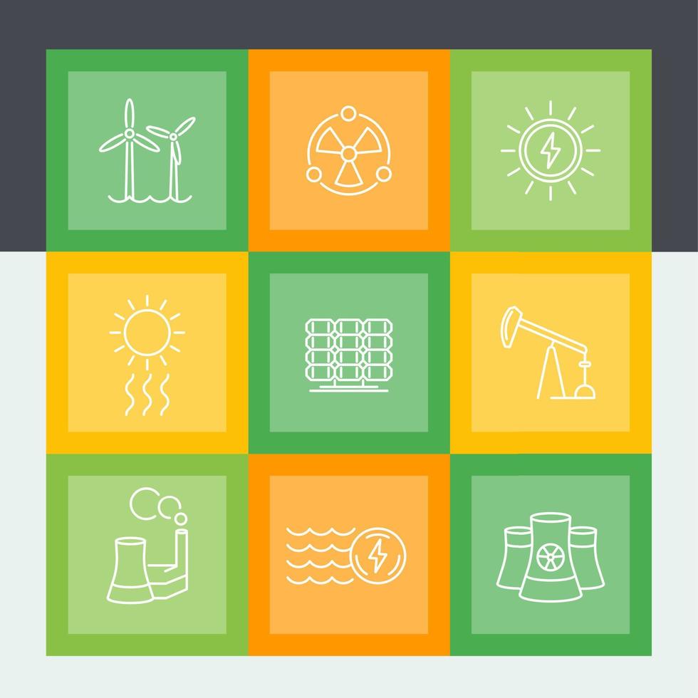 Power, energy production line icons set, alternative and traditional energetics, vector illustration