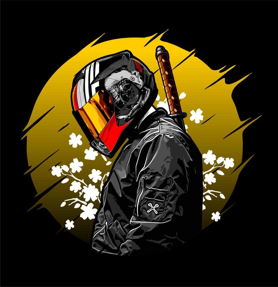 biker and katana cherry blossom vector