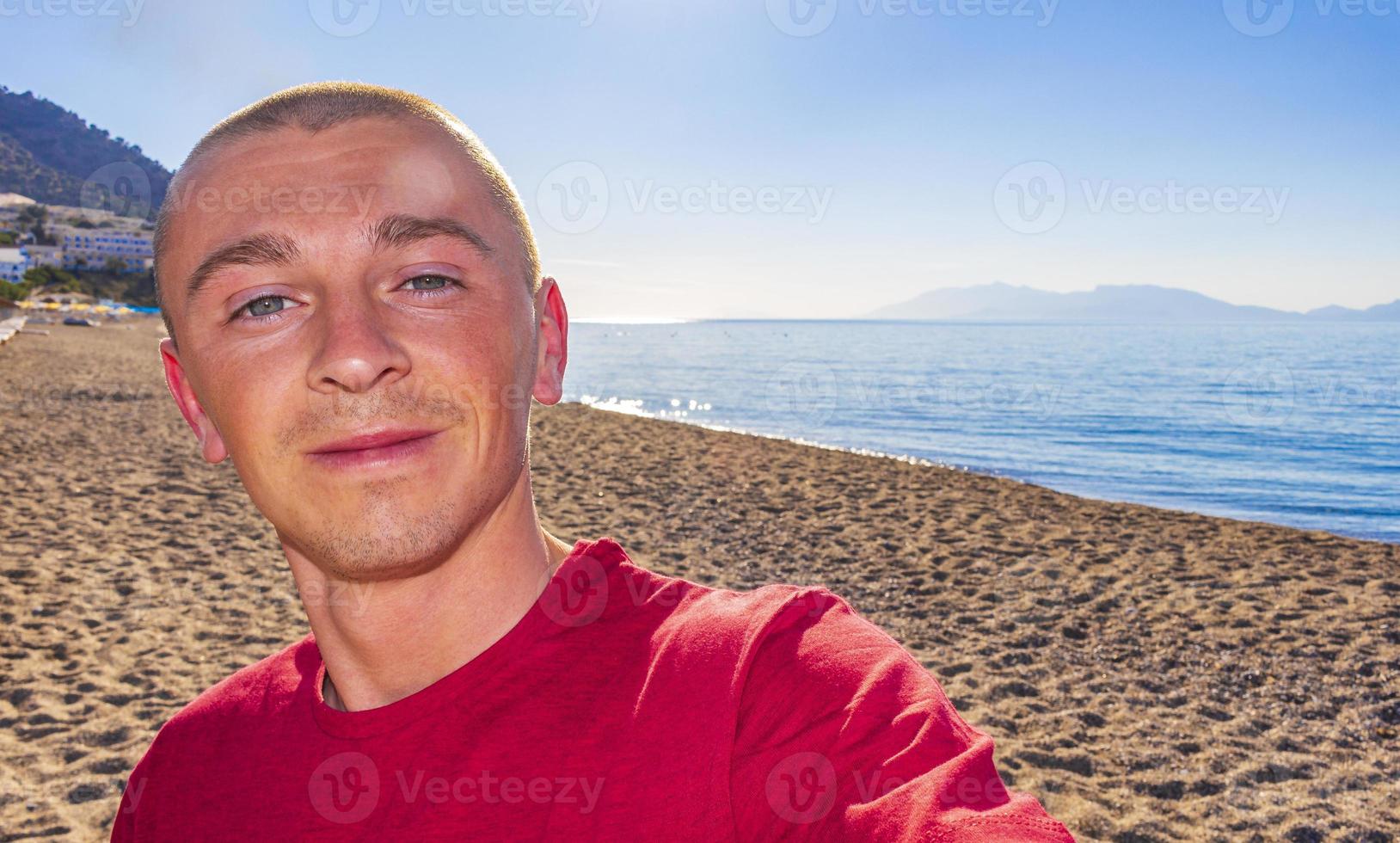 Young traveler hiker with natural coastal landscapes on Kos Greece. photo