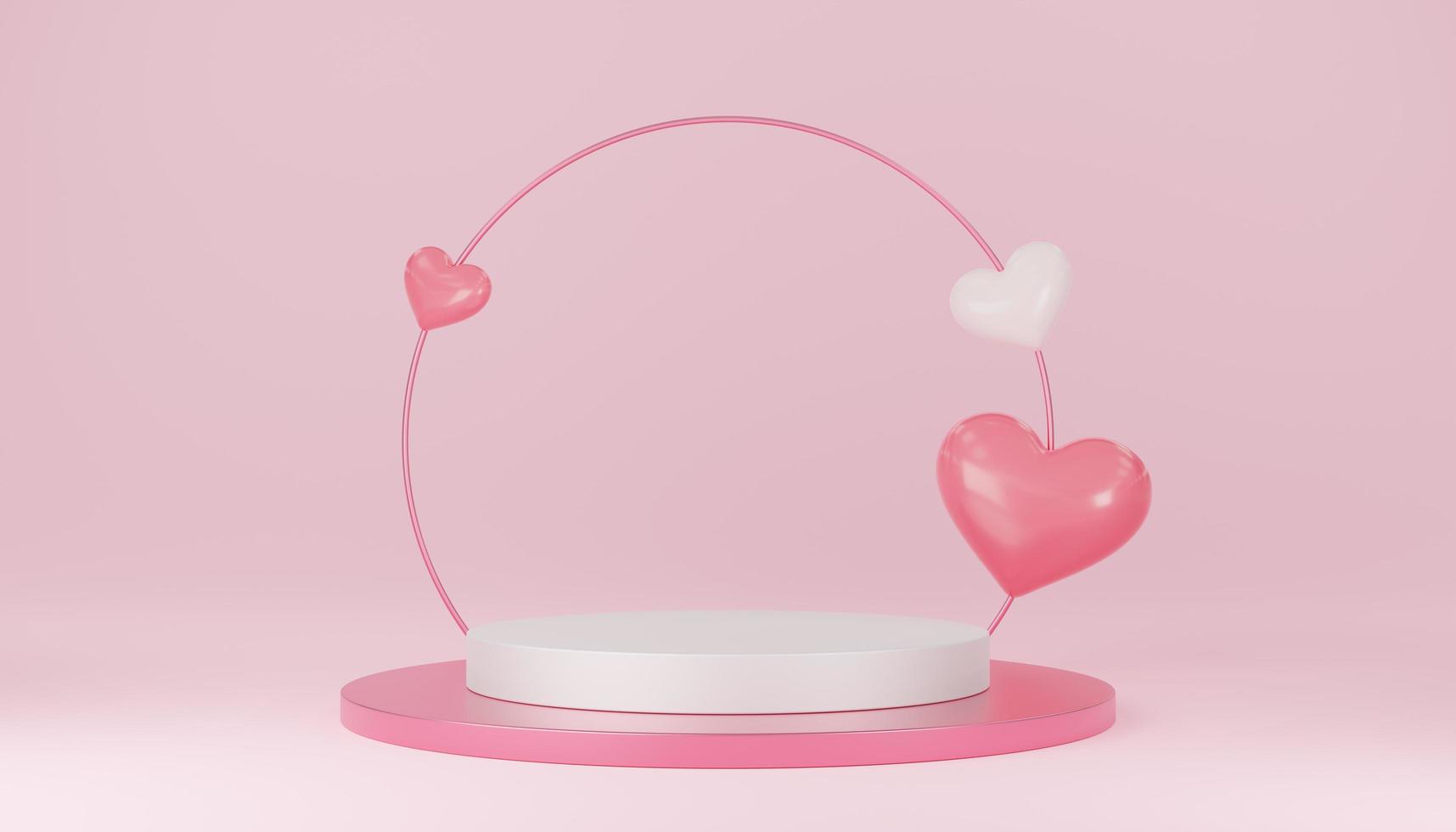 Empty white cylinder podium with pink circle, 3 hearts balloons on arch and copy space background. Valentine's Day interior with pedestal. Mockup space for display of product. 3d rendering. photo