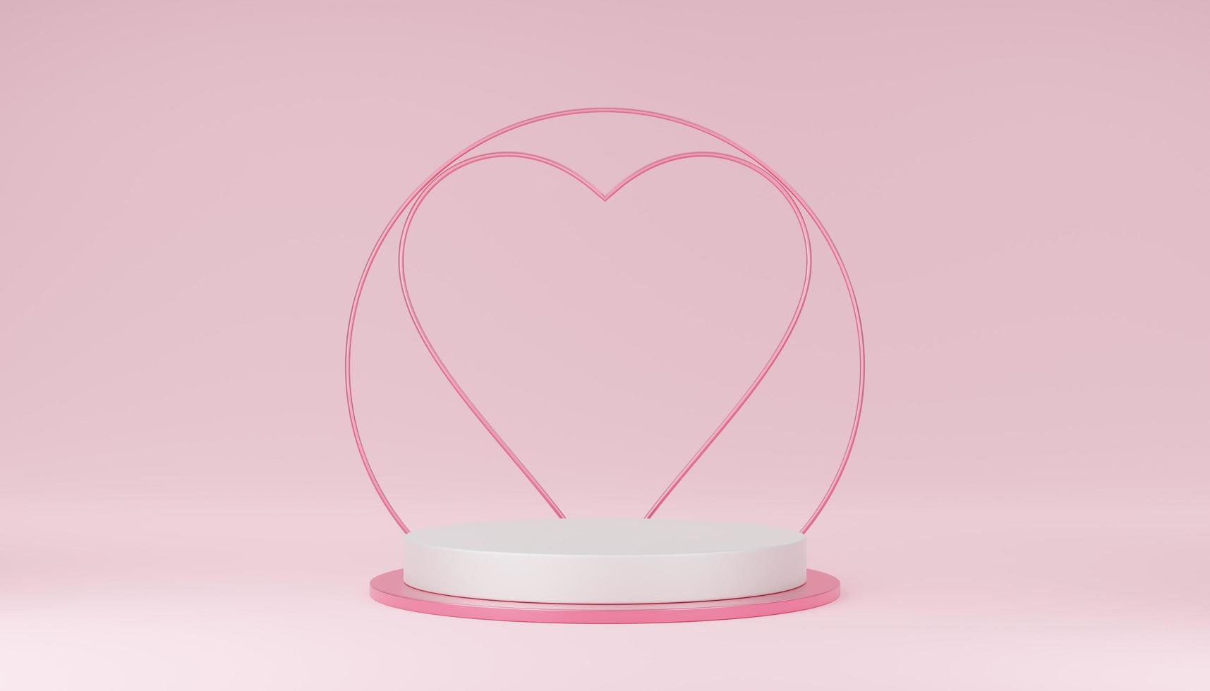 Empty white cylinder podium with pink border, hearts, circle on arch and copy space background. Valentine's Day interior with pedestal. Mockup space for display of product. 3d rendering. photo