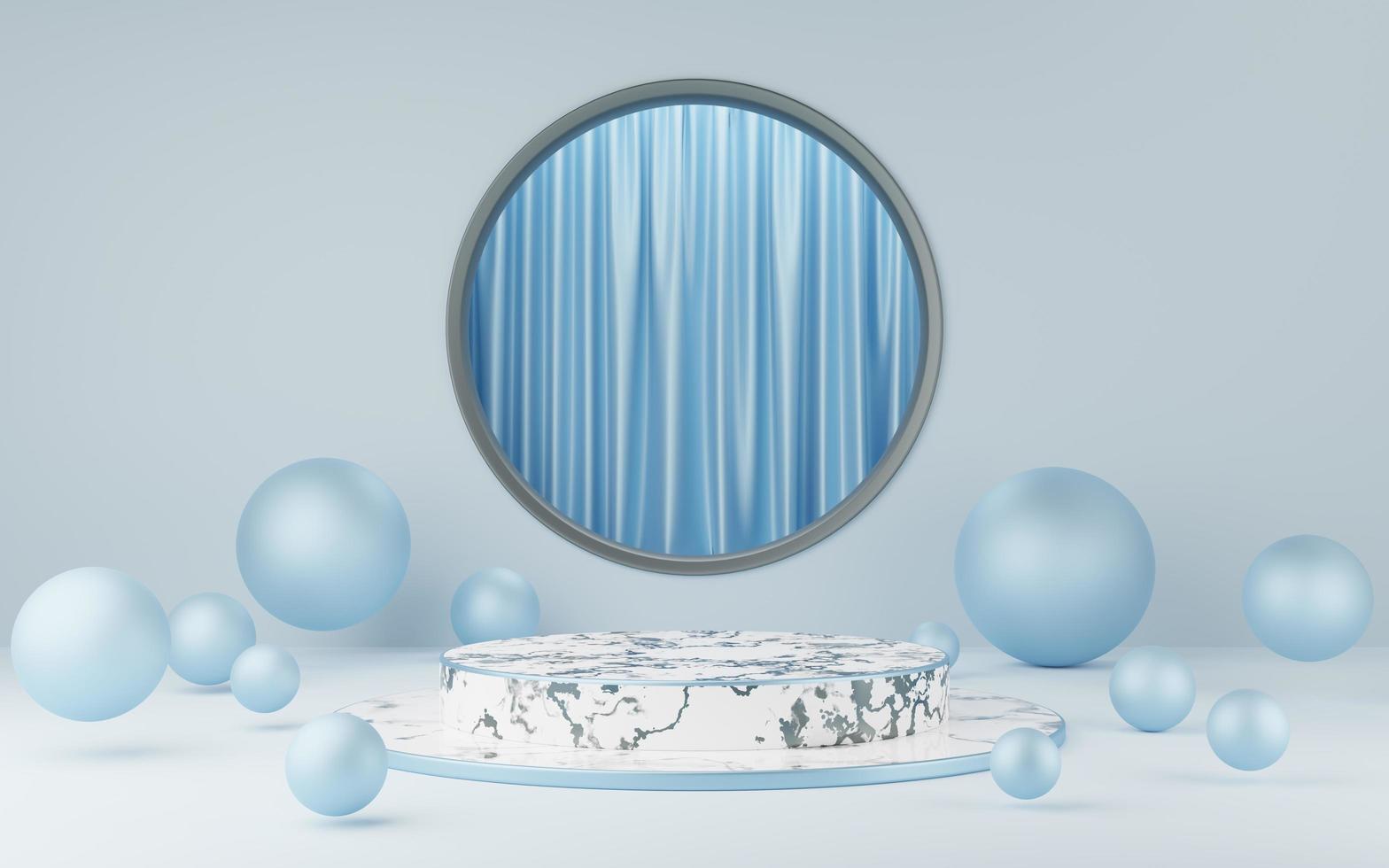 Empty white marble cylinder podium with blue border, striped, ball on gray circle arch and curtain background. 3d geometric shape object. Pedestal mockup space for display. 3d rendering. photo