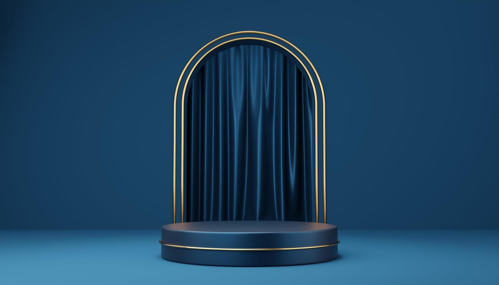 Empty blue cylinder podium and gold circle on blue arch and curtain background. Abstract minimal studio 3d geometric shape object. Mockup space for display of product design. 3d rendering. photo