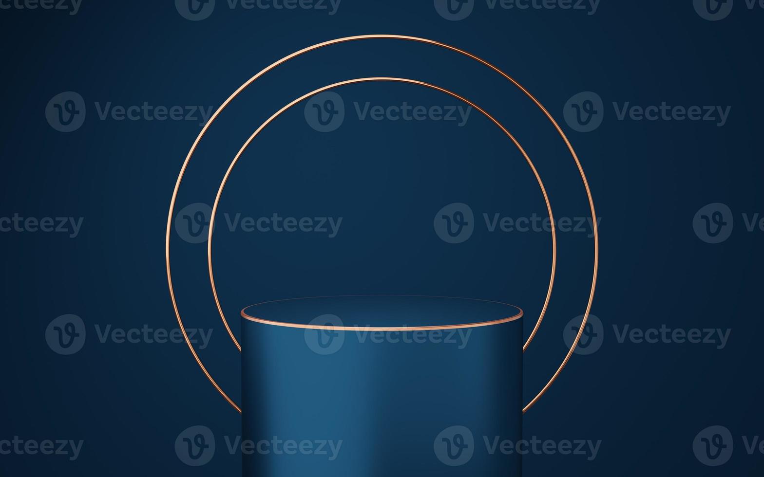 Empty blue cylinder podium with gold border and 2 copper circle on blue background. Abstract minimal studio 3d geometric shape object. Mockup space for display of product design. 3d rendering. photo