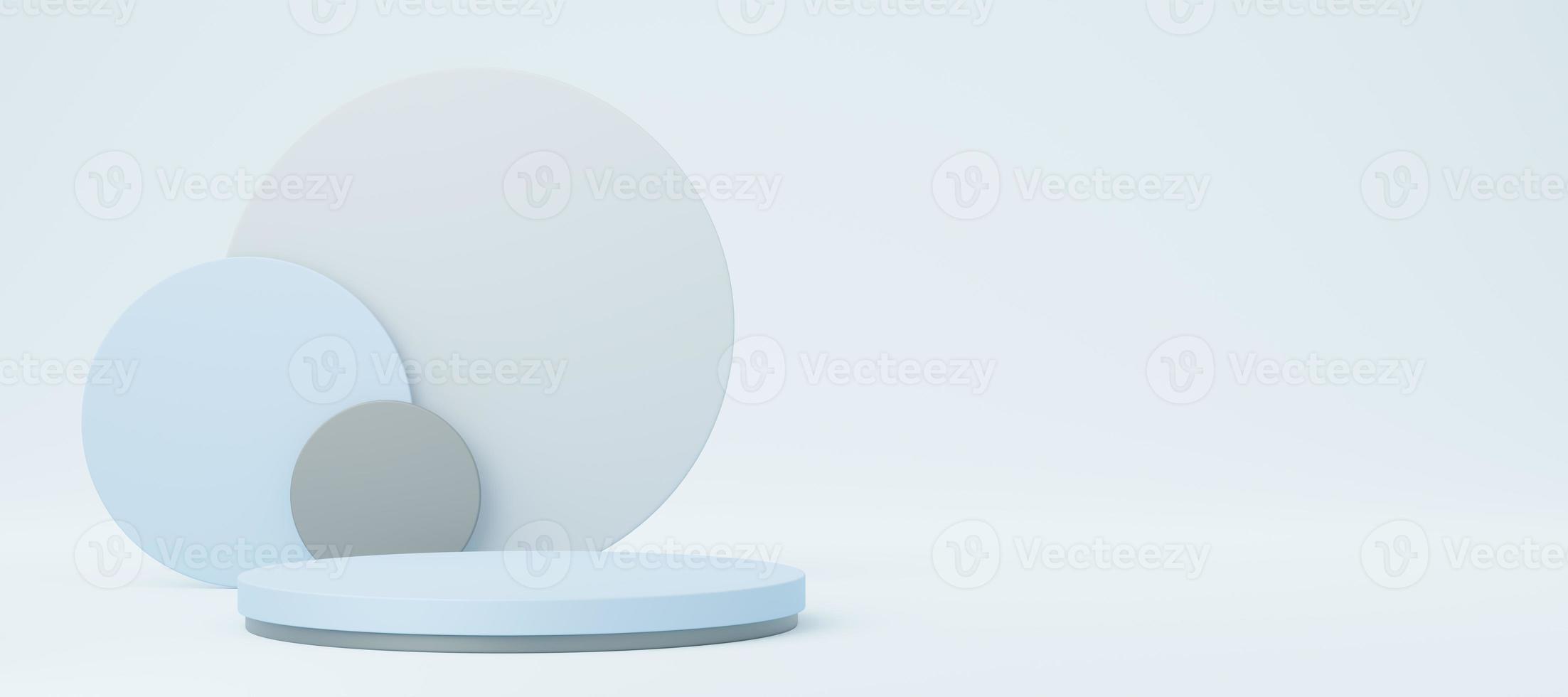 Empty blue cylinder podium with gray and black circle on white copy space background. Abstract pastel minimal studio 3d geometric shape. Mockup space for display of product design. 3d rendering. photo