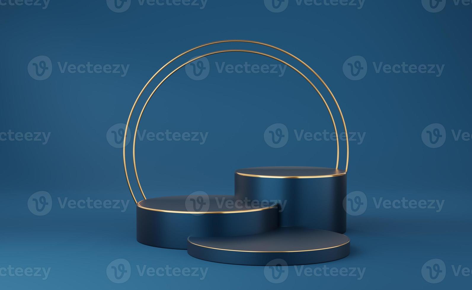 Empty blue cylinder podium with gold border and 2 gold circle on blue background. Abstract minimal studio 3d geometric shape object. Mockup space for display of product design. 3d rendering. photo