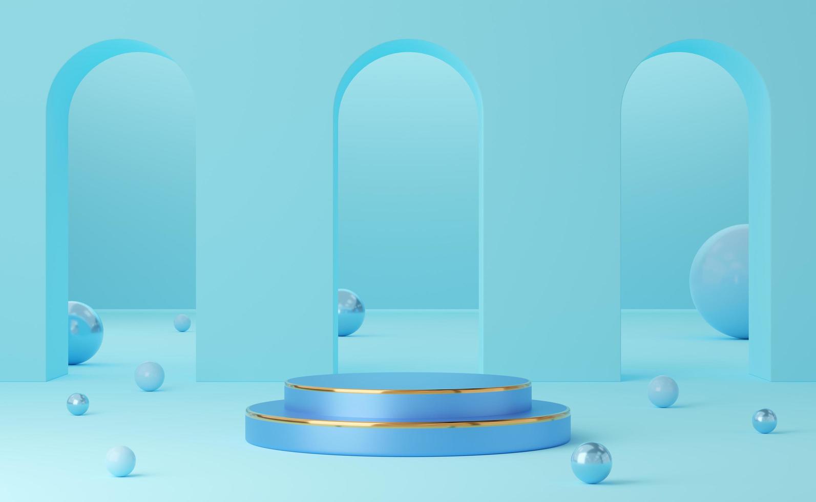 Empty blue cylinder podium with gold border and ball on arch blue background. Abstract minimal studio 3d geometric shape object. Mockup space for display of product design. 3d rendering. photo