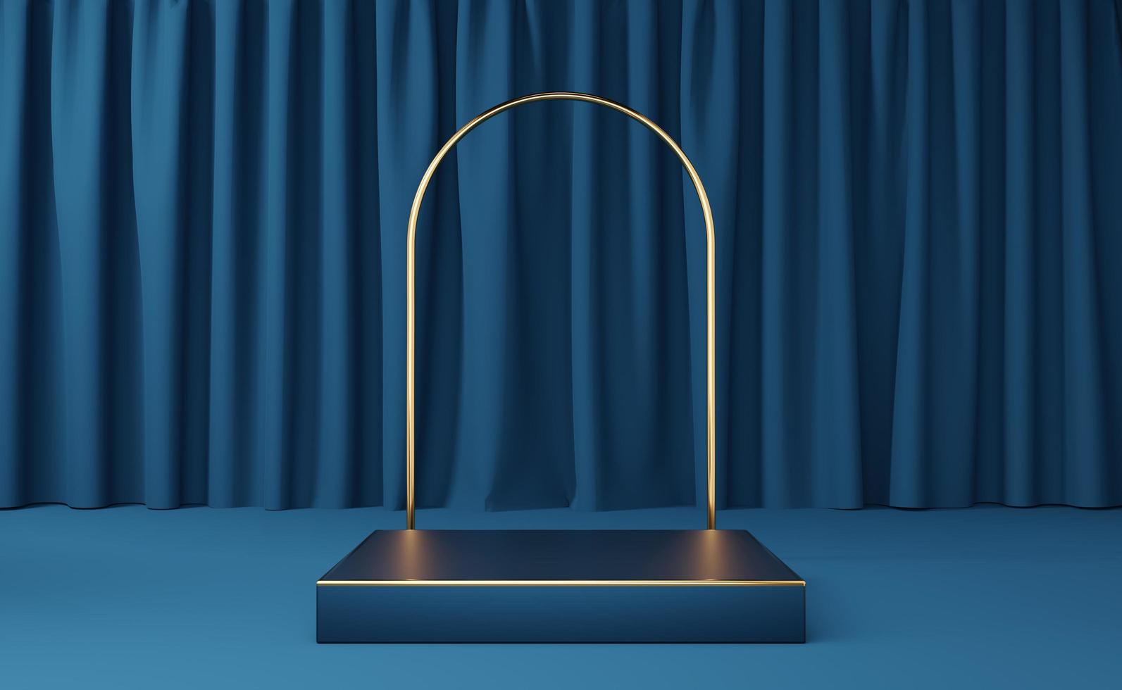 Empty blue cube podium with gold border and gold arch on blue curtain background. Abstract minimal studio 3d geometric shape object. Mockup space for display of product design. 3d rendering. photo